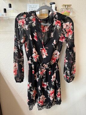 White House Black Market Black Floral Long-Sleeve Mini Dress